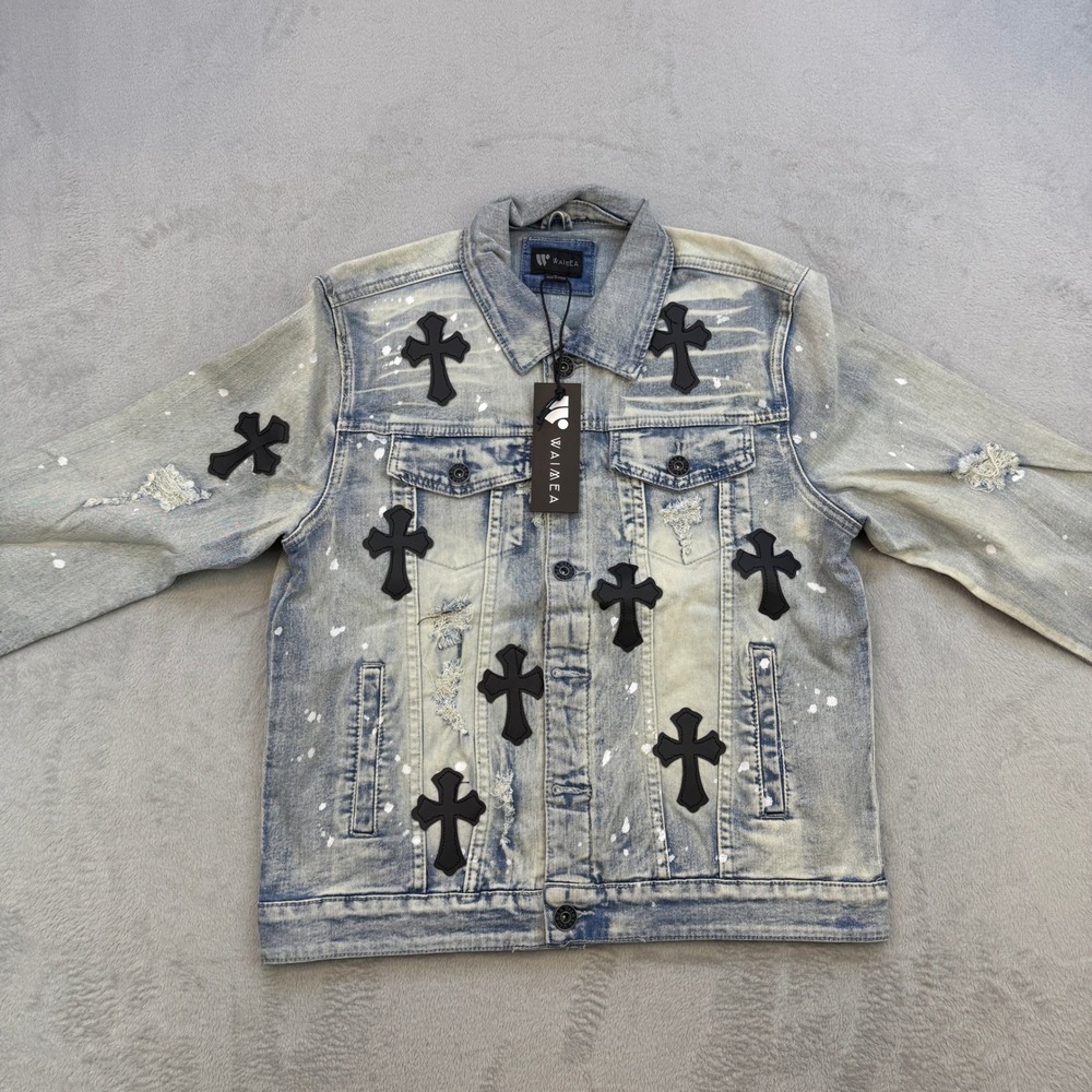 Waimea Denim Jacket Mens Small Blue Cross Patch Paint Splatter Distressed Edge